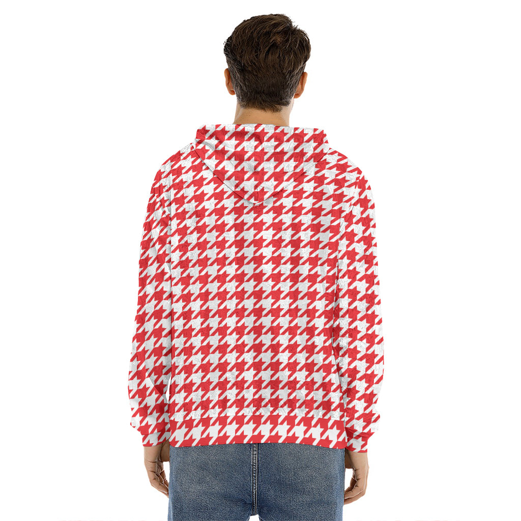 Red And White Houndstooth Pattern Print Men's Velvet Pullover Hoodie