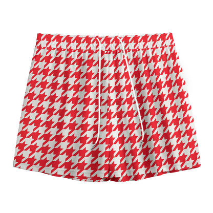 Red And White Houndstooth Pattern Print Mesh Shorts