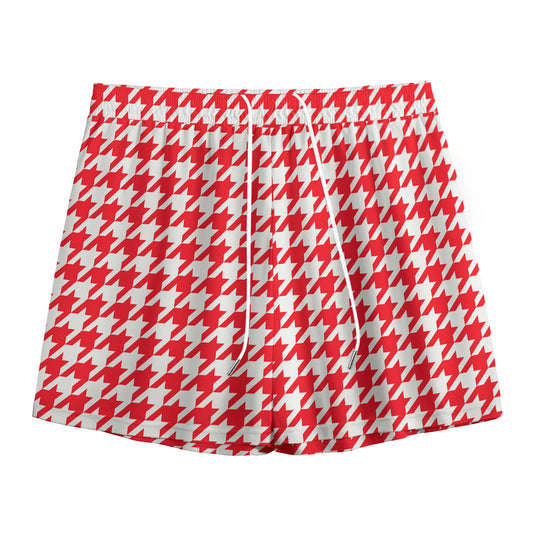 Red And White Houndstooth Pattern Print Mesh Shorts
