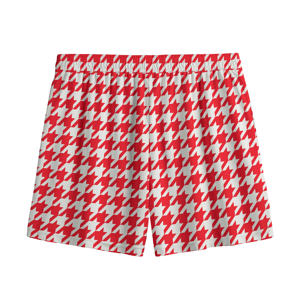 Red And White Houndstooth Pattern Print Mesh Shorts