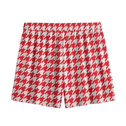 Red And White Houndstooth Pattern Print Mesh Shorts