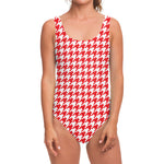 Red And White Houndstooth Pattern Print One Piece Swimsuit