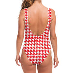 Red And White Houndstooth Pattern Print One Piece Swimsuit