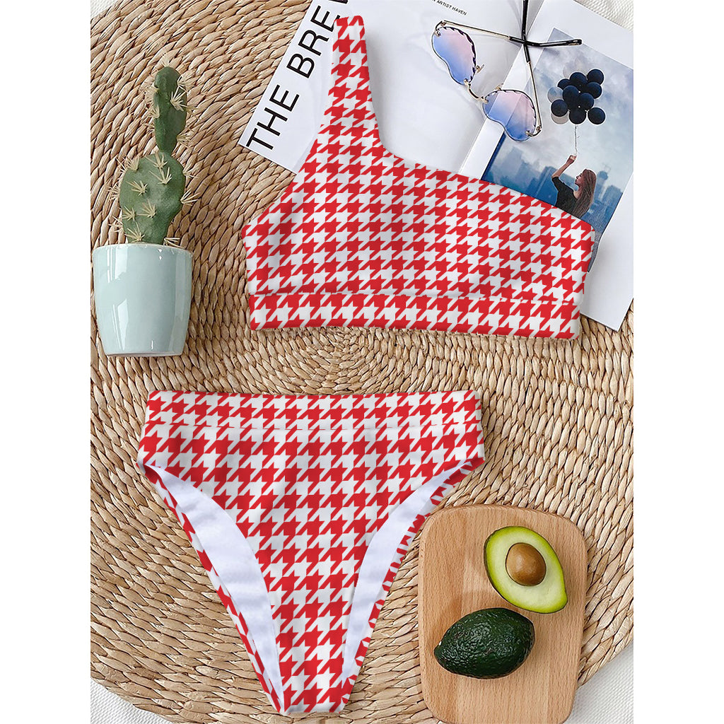Red And White Houndstooth Pattern Print One Shoulder Bikini Top
