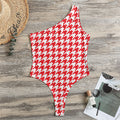 Red And White Houndstooth Pattern Print One Shoulder Bodysuit