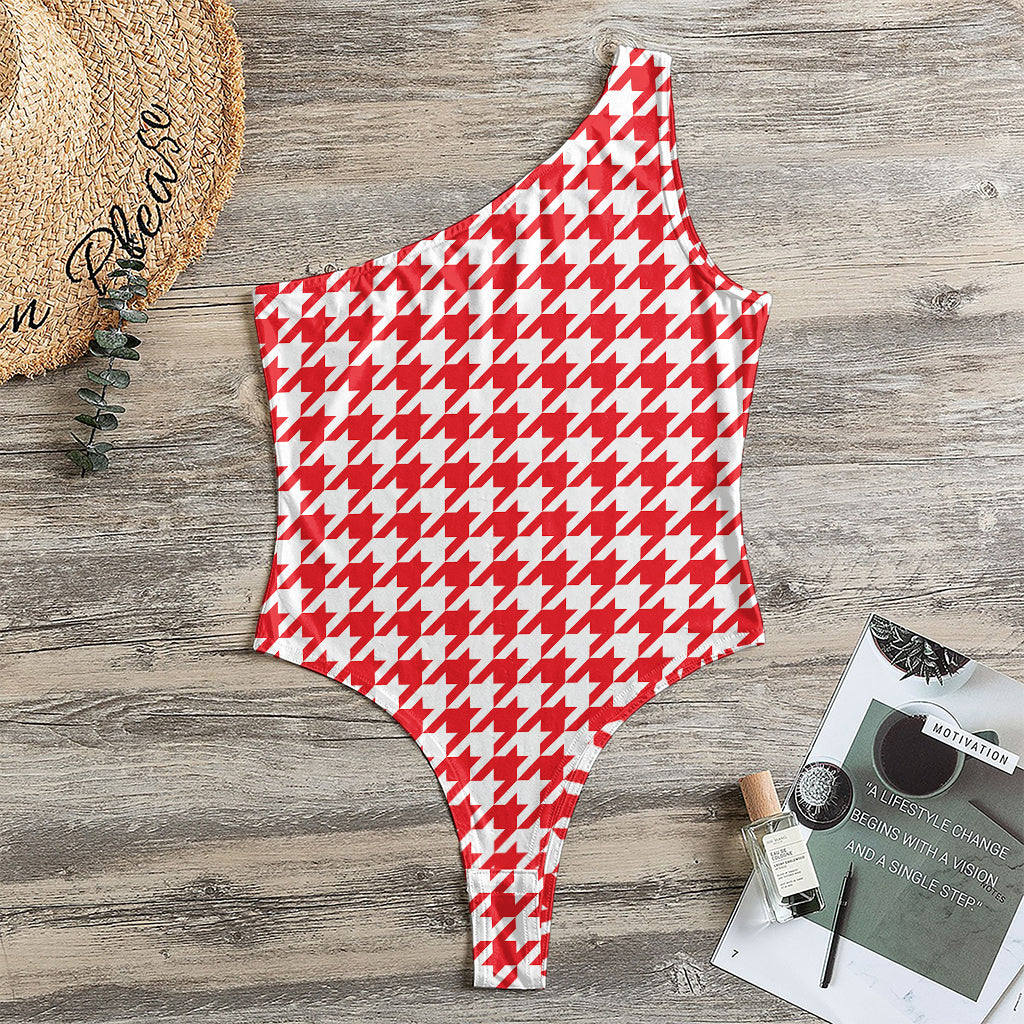 Red And White Houndstooth Pattern Print One Shoulder Bodysuit