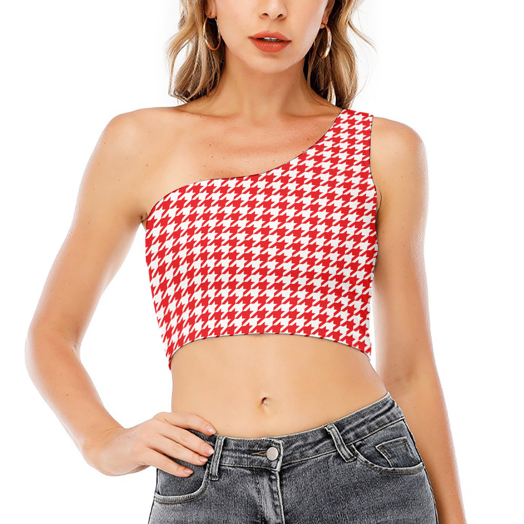 Red And White Houndstooth Pattern Print One Shoulder Crop Top
