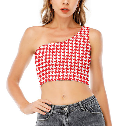 Red And White Houndstooth Pattern Print One Shoulder Crop Top