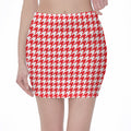 Red And White Houndstooth Pattern Print Pencil Mini Skirt