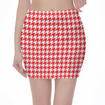 Red And White Houndstooth Pattern Print Pencil Mini Skirt