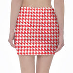 Red And White Houndstooth Pattern Print Pencil Mini Skirt