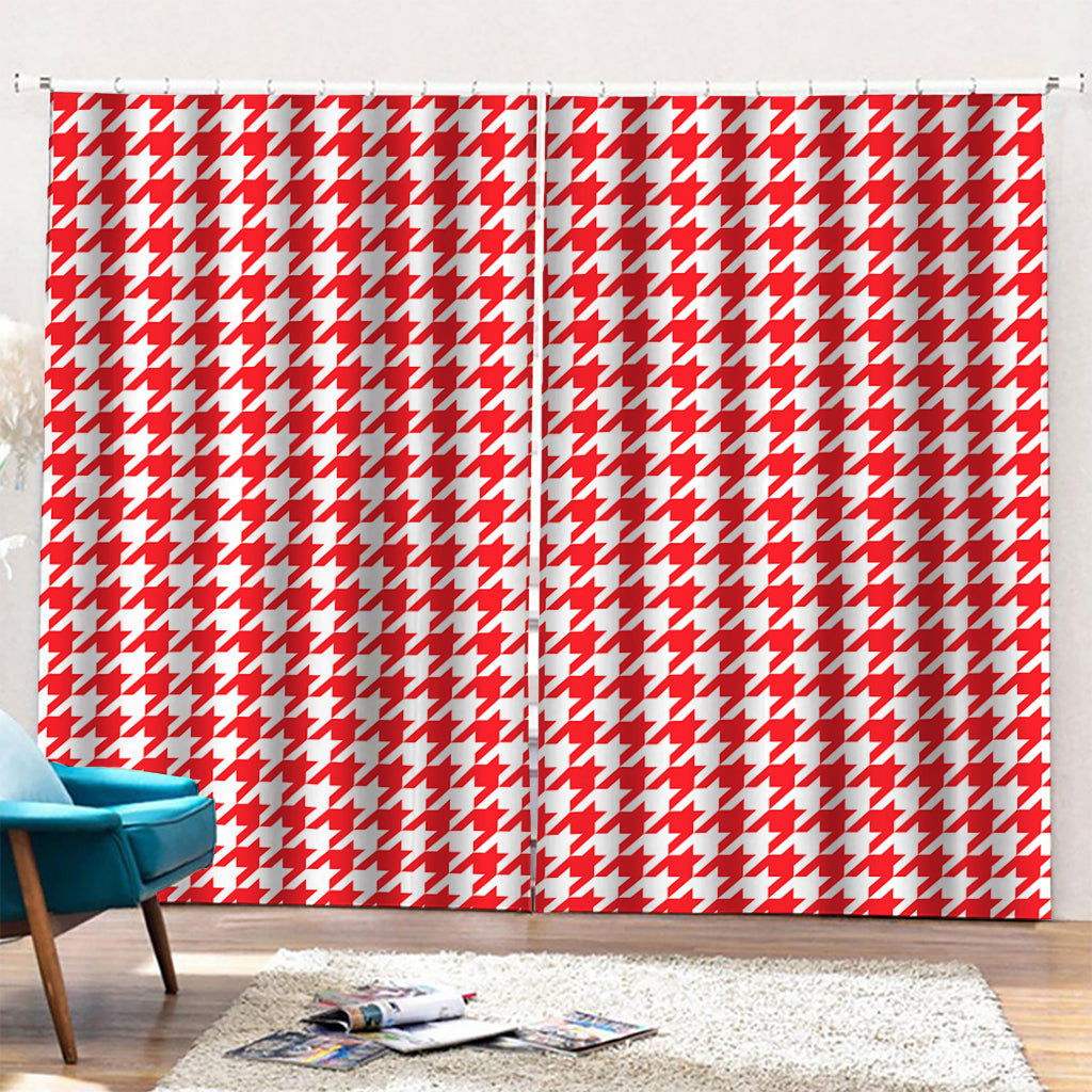 Red And White Houndstooth Pattern Print Pencil Pleat Curtains