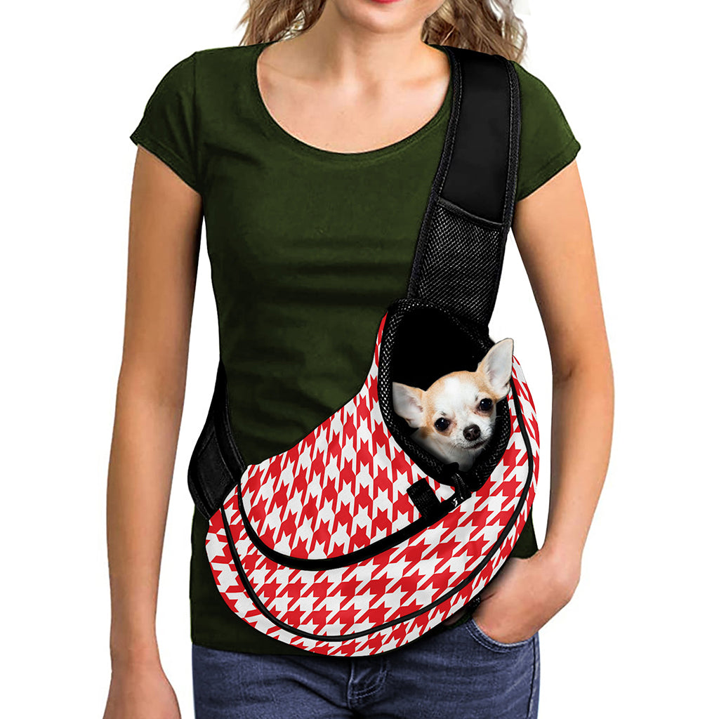 Red And White Houndstooth Pattern Print Pet Sling Carrier