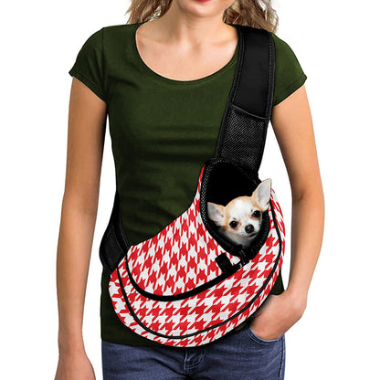 Red And White Houndstooth Pattern Print Pet Sling Carrier