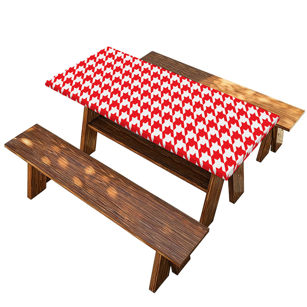 Red And White Houndstooth Pattern Print Picnic Table Cover
