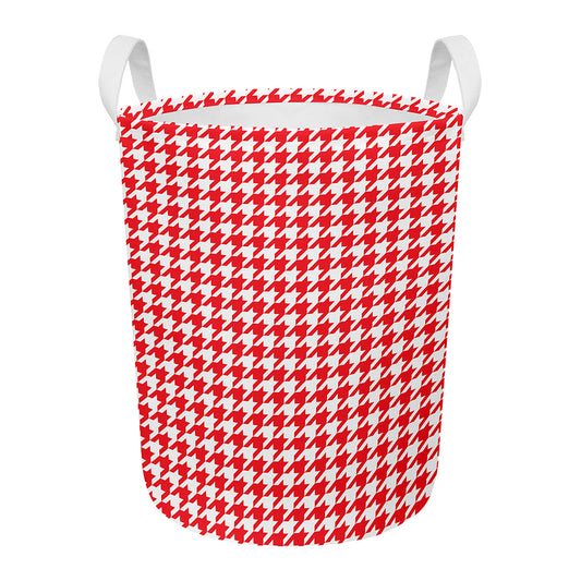 Red And White Houndstooth Pattern Print Round Laundry Basket