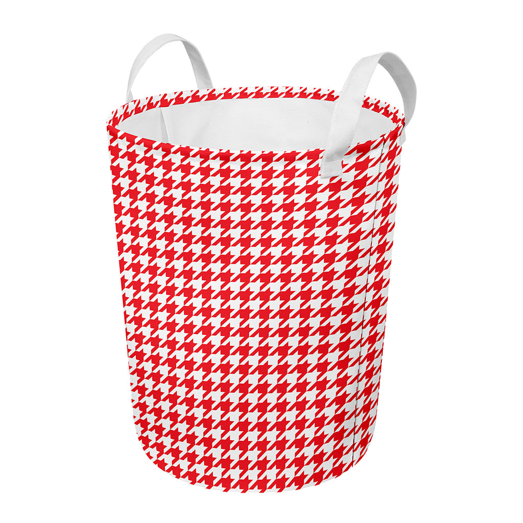 Red And White Houndstooth Pattern Print Round Laundry Basket