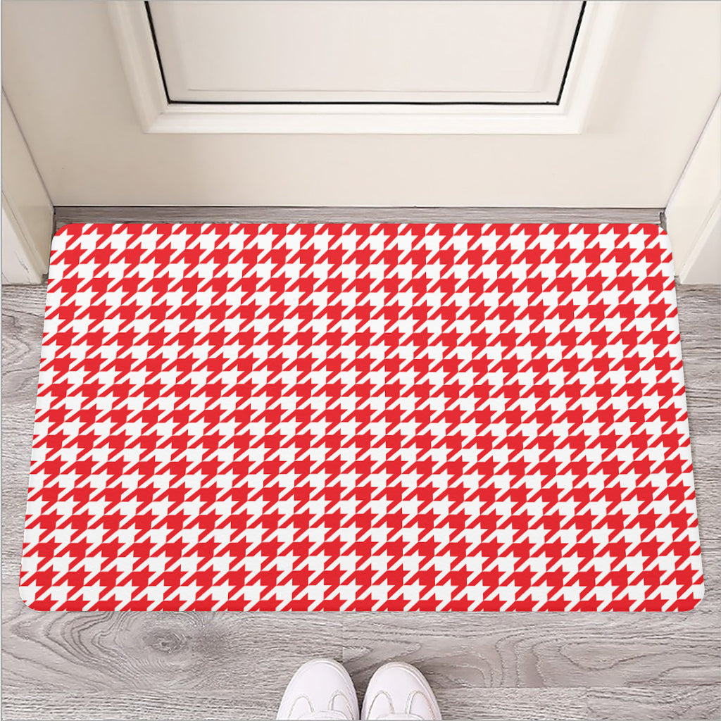 Red And White Houndstooth Pattern Print Rubber Doormat