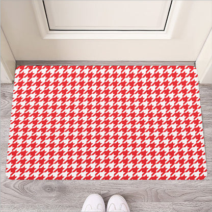 Red And White Houndstooth Pattern Print Rubber Doormat