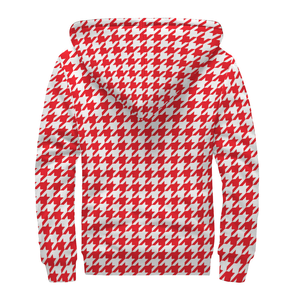 Red And White Houndstooth Pattern Print Sherpa Lined Zip Up Hoodie