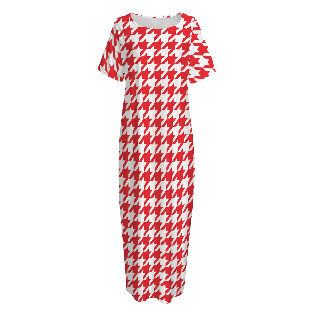 Red And White Houndstooth Pattern Print Short Sleeve Long Nightdress