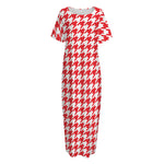 Red And White Houndstooth Pattern Print Short Sleeve Long Nightdress