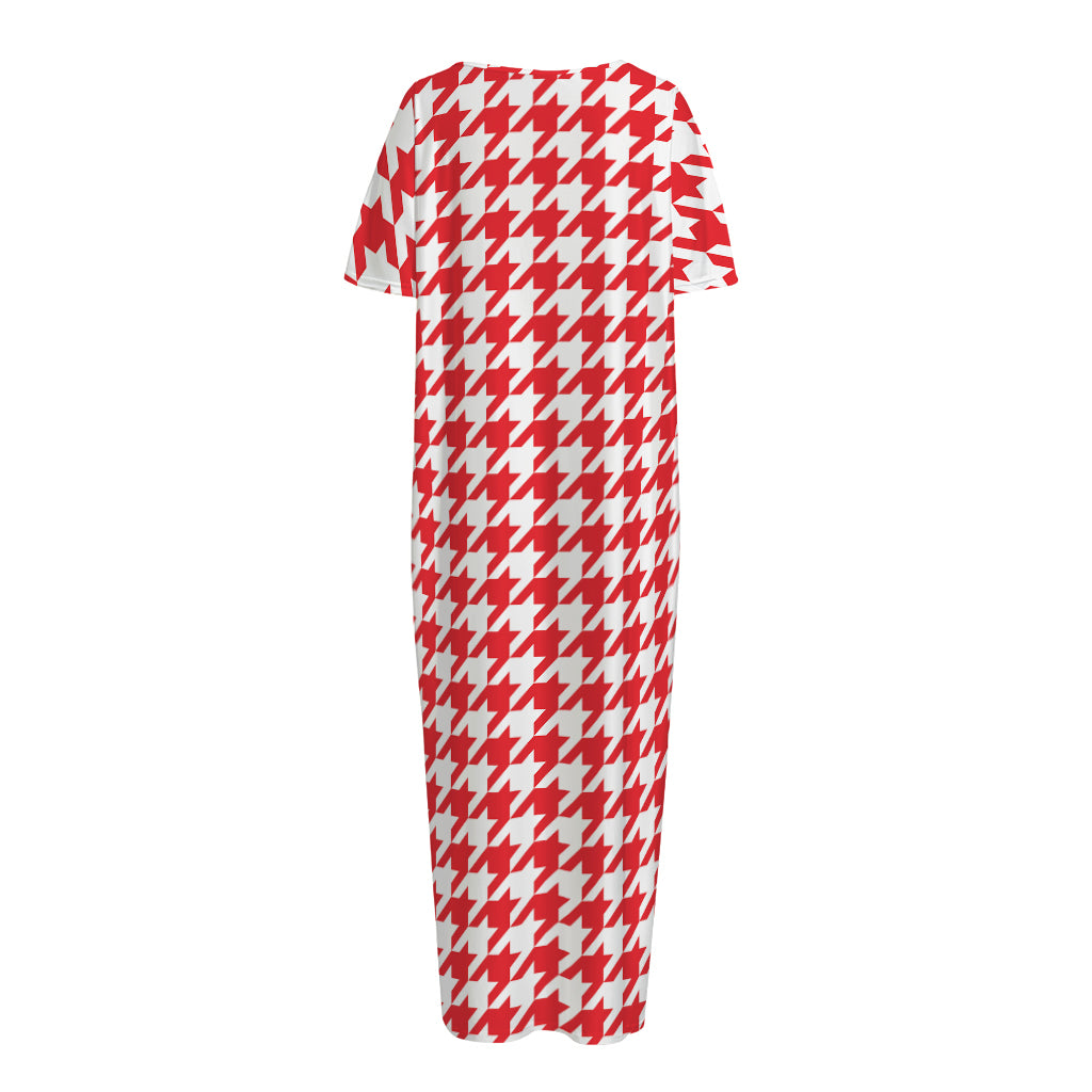 Red And White Houndstooth Pattern Print Short Sleeve Long Nightdress