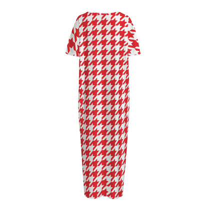 Red And White Houndstooth Pattern Print Short Sleeve Long Nightdress