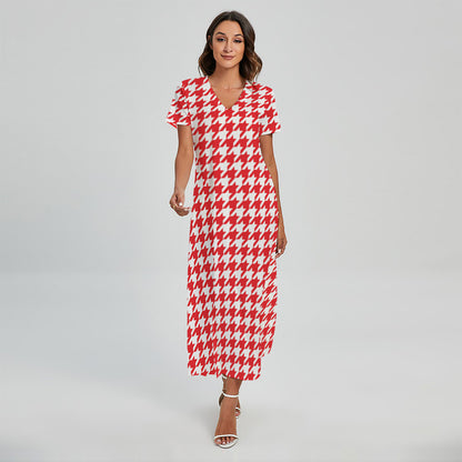 Red And White Houndstooth Pattern Print Short Sleeve Maxi Dress