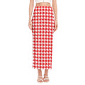 Red And White Houndstooth Pattern Print Side Slit Maxi Skirt