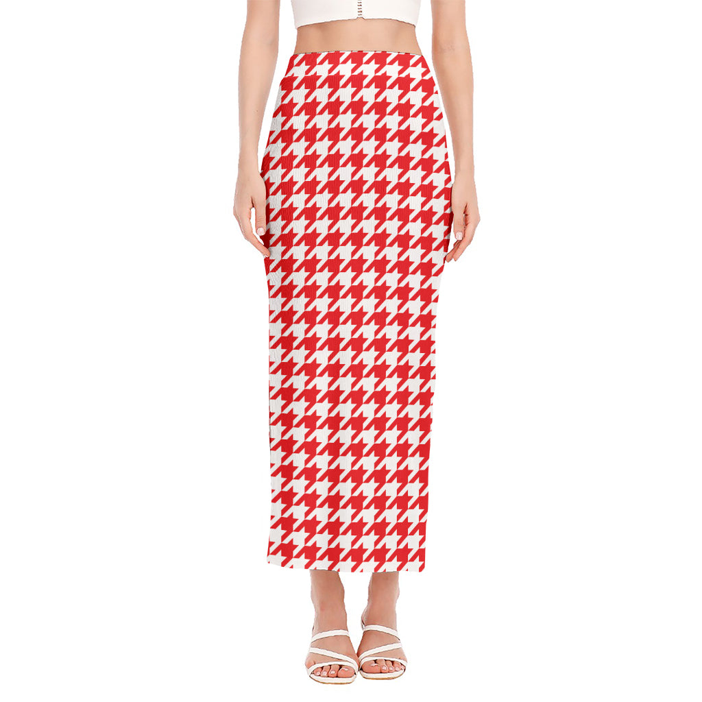 Red And White Houndstooth Pattern Print Side Slit Maxi Skirt