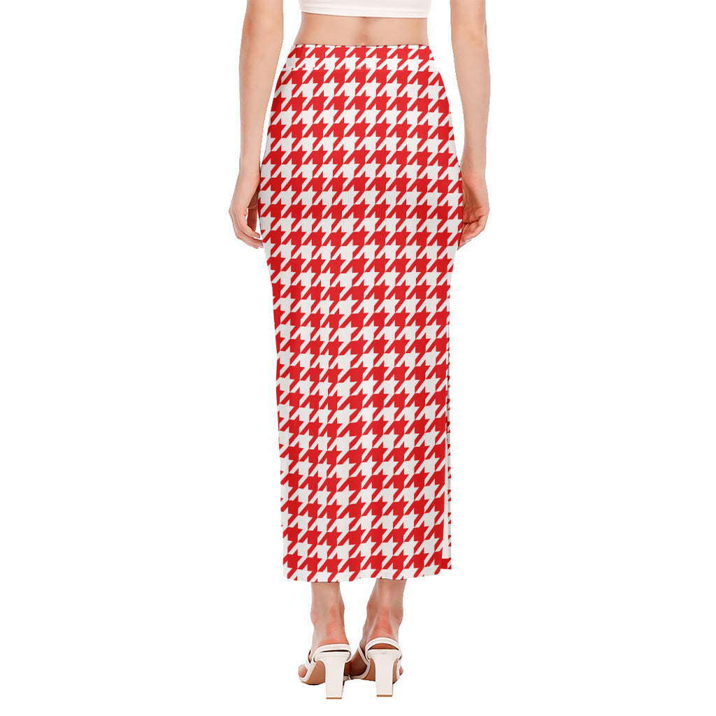 Red And White Houndstooth Pattern Print Side Slit Maxi Skirt
