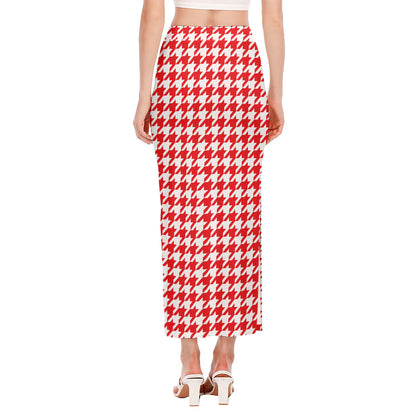 Red And White Houndstooth Pattern Print Side Slit Maxi Skirt