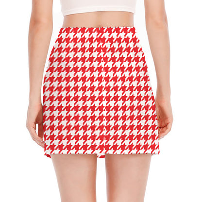 Red And White Houndstooth Pattern Print Side Slit Mini Skirt
