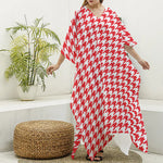 Red And White Houndstooth Pattern Print Silk V-Neck Kaftan Dress