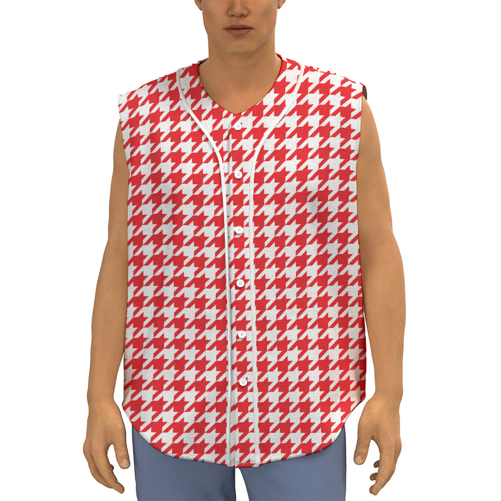 Red And White Houndstooth Pattern Print Sleeveless Baseball Jersey