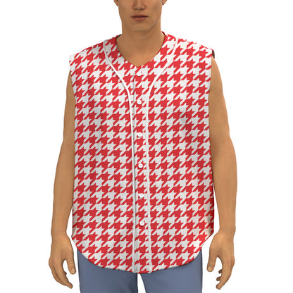 Red And White Houndstooth Pattern Print Sleeveless Baseball Jersey