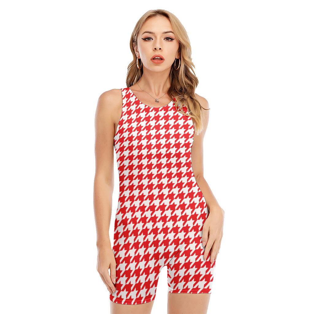 Red And White Houndstooth Pattern Print Sleeveless One Piece Swimsuit