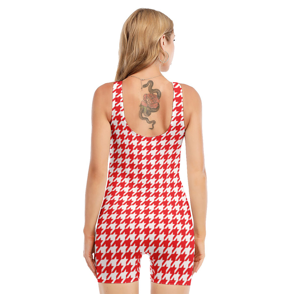 Red And White Houndstooth Pattern Print Sleeveless One Piece Swimsuit