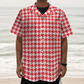 Red And White Houndstooth Pattern Print Textured Short Sleeve Shirt