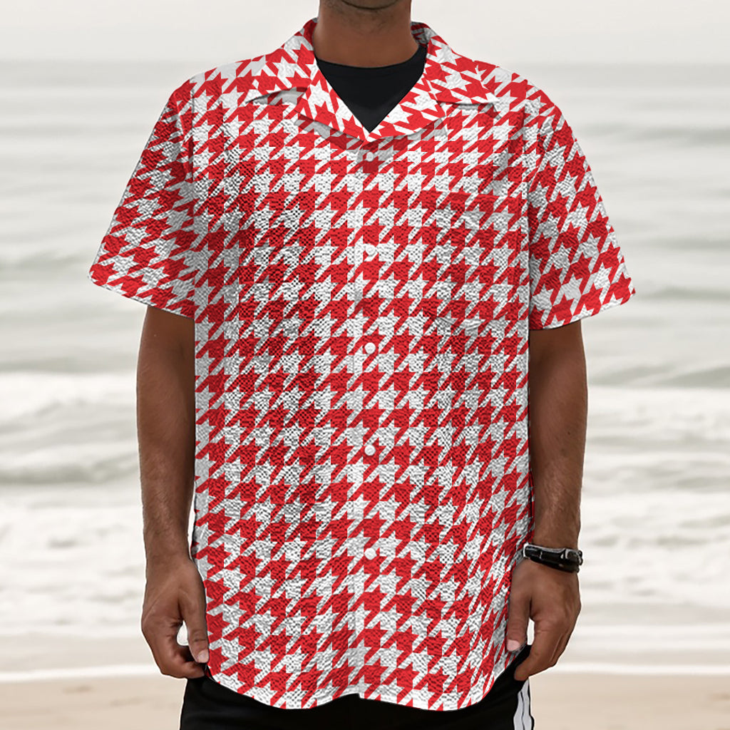 Red And White Houndstooth Pattern Print Textured Short Sleeve Shirt