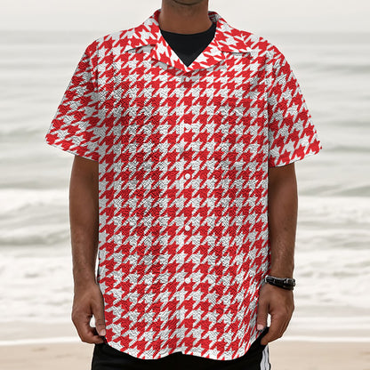 Red And White Houndstooth Pattern Print Textured Short Sleeve Shirt