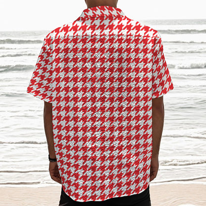Red And White Houndstooth Pattern Print Textured Short Sleeve Shirt