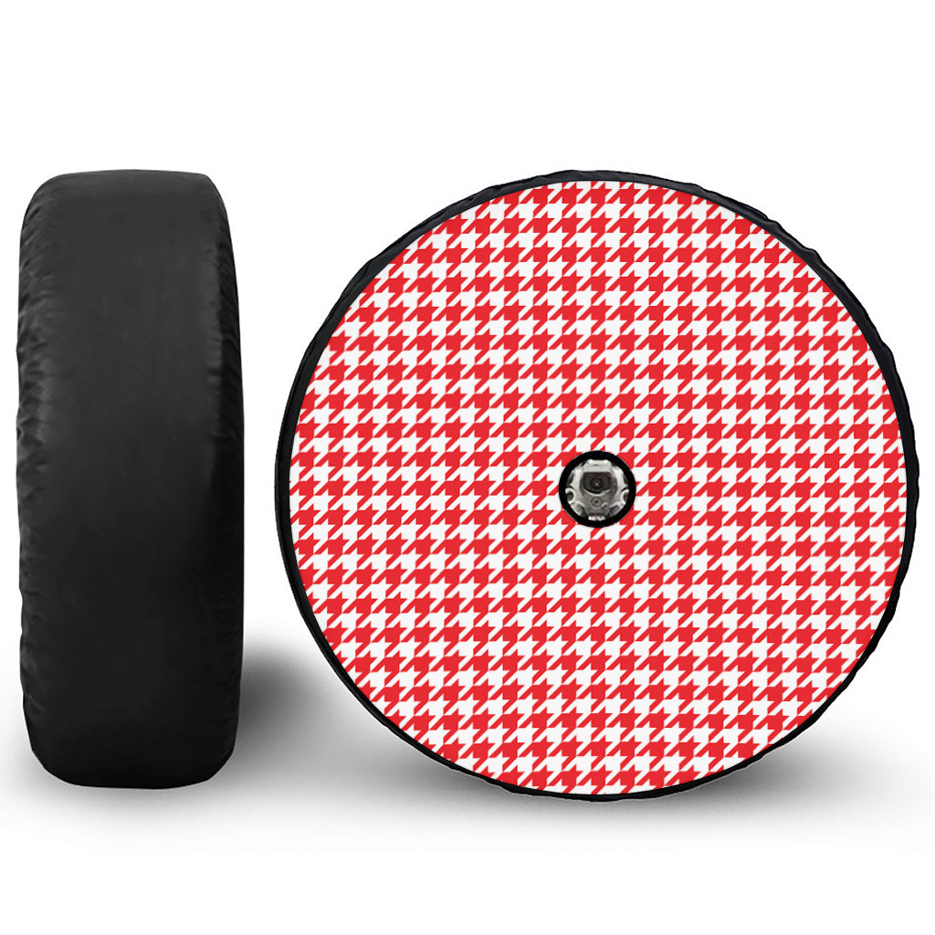 Red And White Houndstooth Pattern Print Tire Cover With Camera Hole