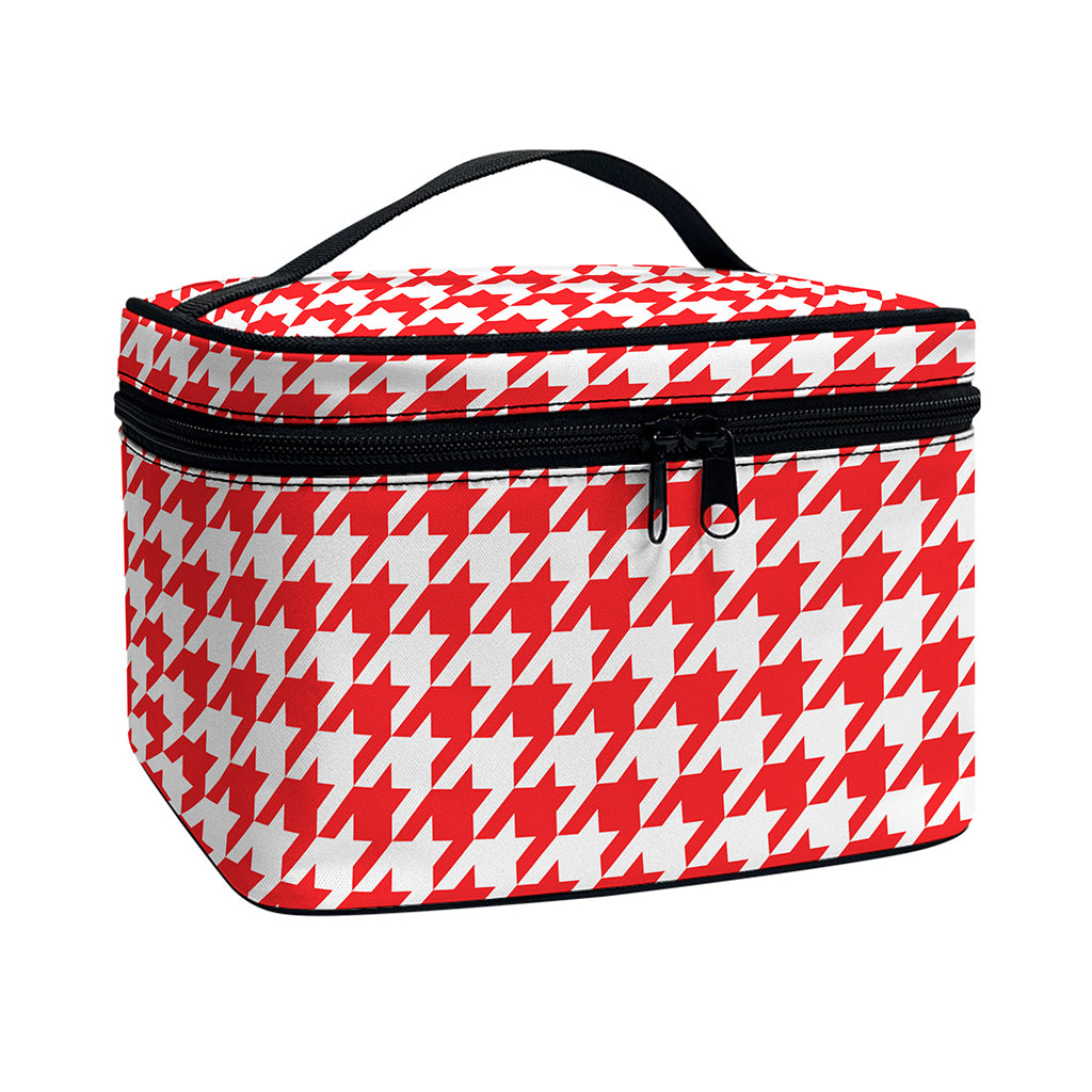 Red And White Houndstooth Pattern Print Travel Makeup Bag