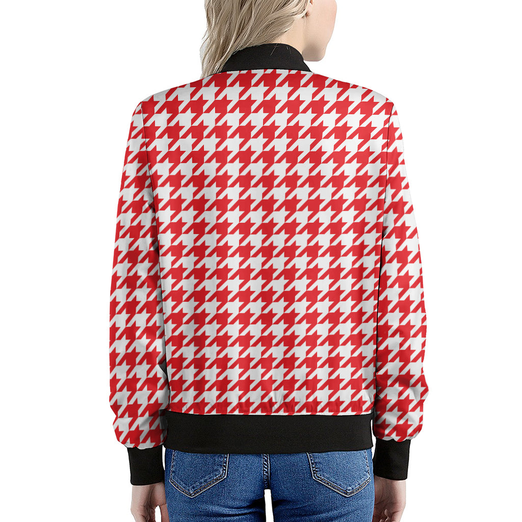 Red And White Houndstooth Pattern Print Women's Bomber Jacket