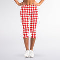 Red And White Houndstooth Pattern Print Women's Capri Leggings