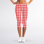 Red And White Houndstooth Pattern Print Women's Capri Leggings