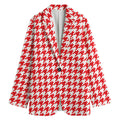 Red And White Houndstooth Pattern Print Women's Cotton Blazer