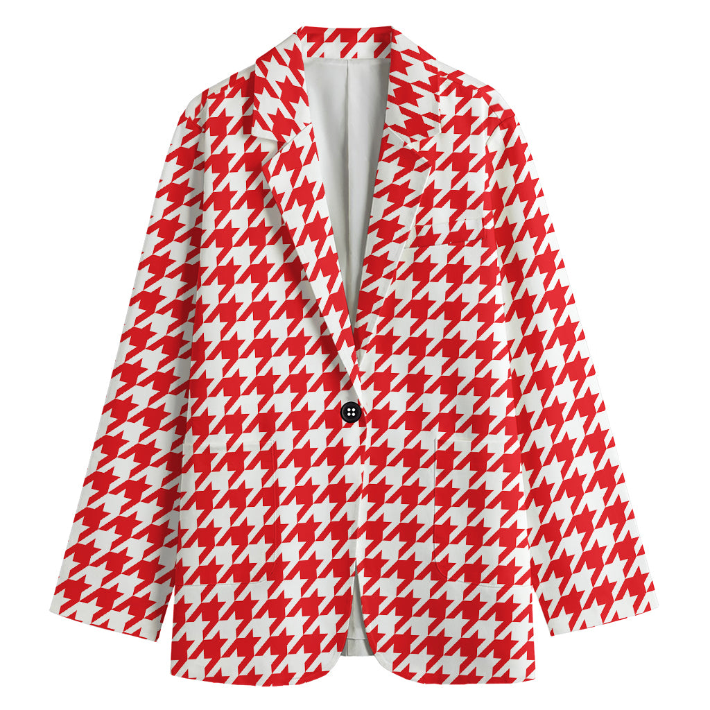Red And White Houndstooth Pattern Print Women's Cotton Blazer